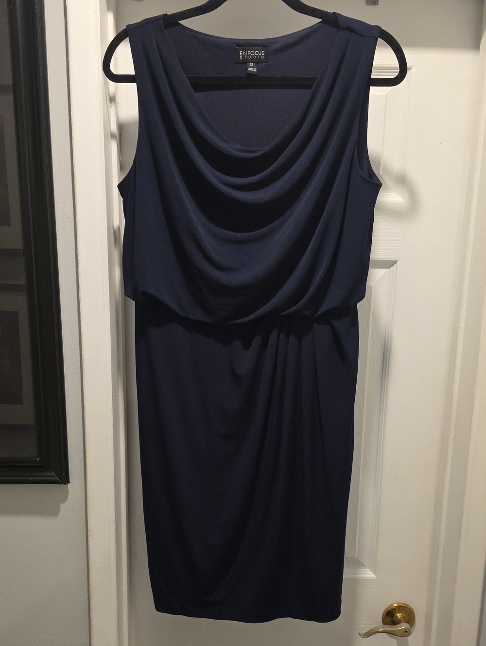 Enfocus Studio Navy Draped Cowl Neck Sleeveless Dress